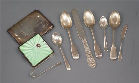 A silver and enamel compact (a.f.), a silver cigarette case and eight items of silver flatware.